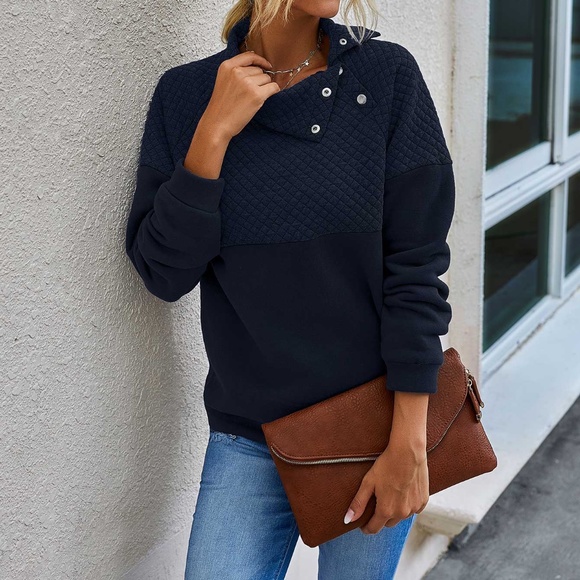 Blush Pink Quilted button neck detail pullover sweater - Picture 6 of 14